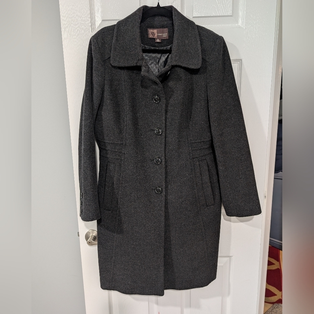 Anne Klein Coat Dark Heather Gray Wool Dress Coat Single Breasted Size 14